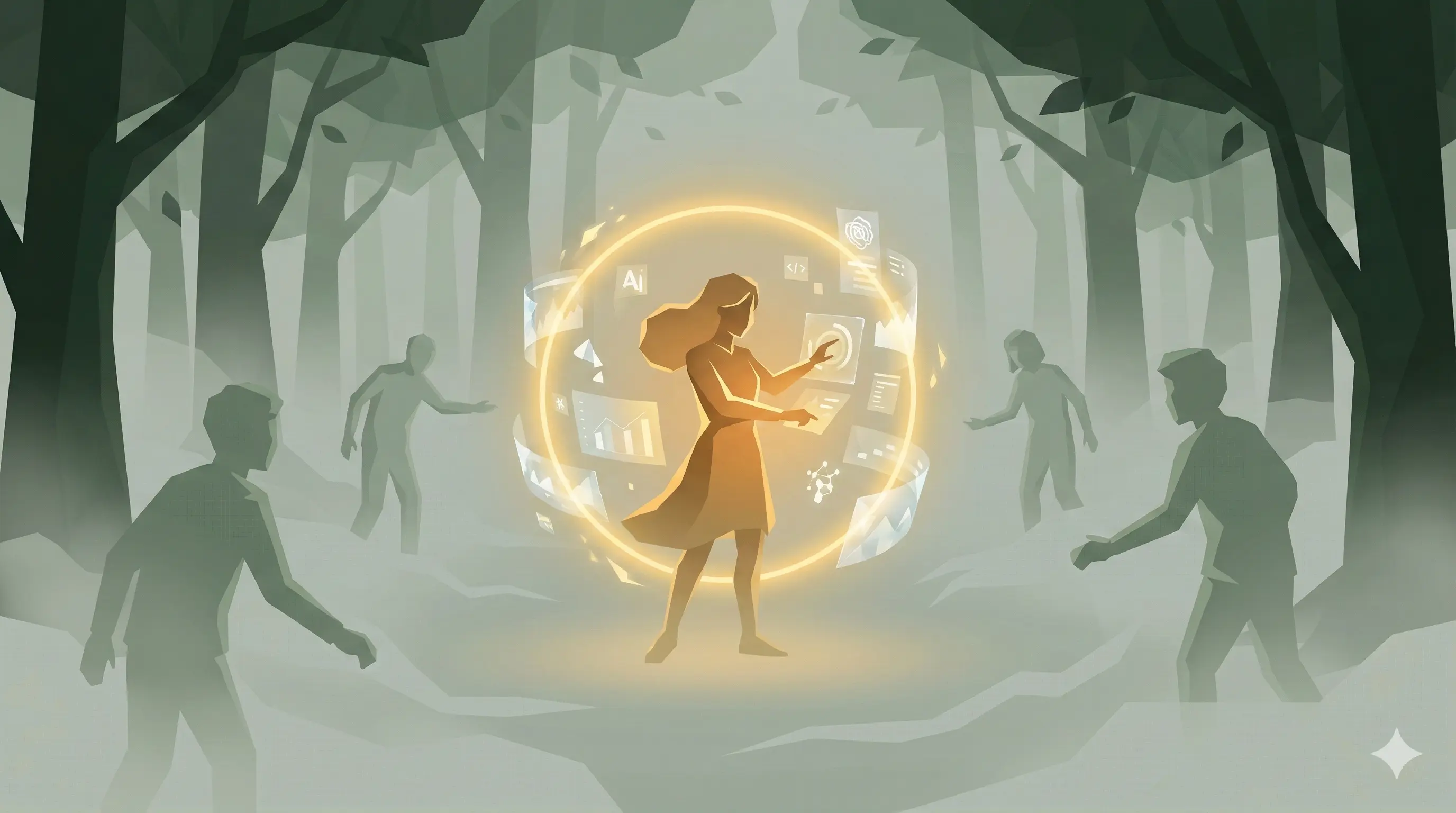 One person glowing with AI productivity while team remains in fog