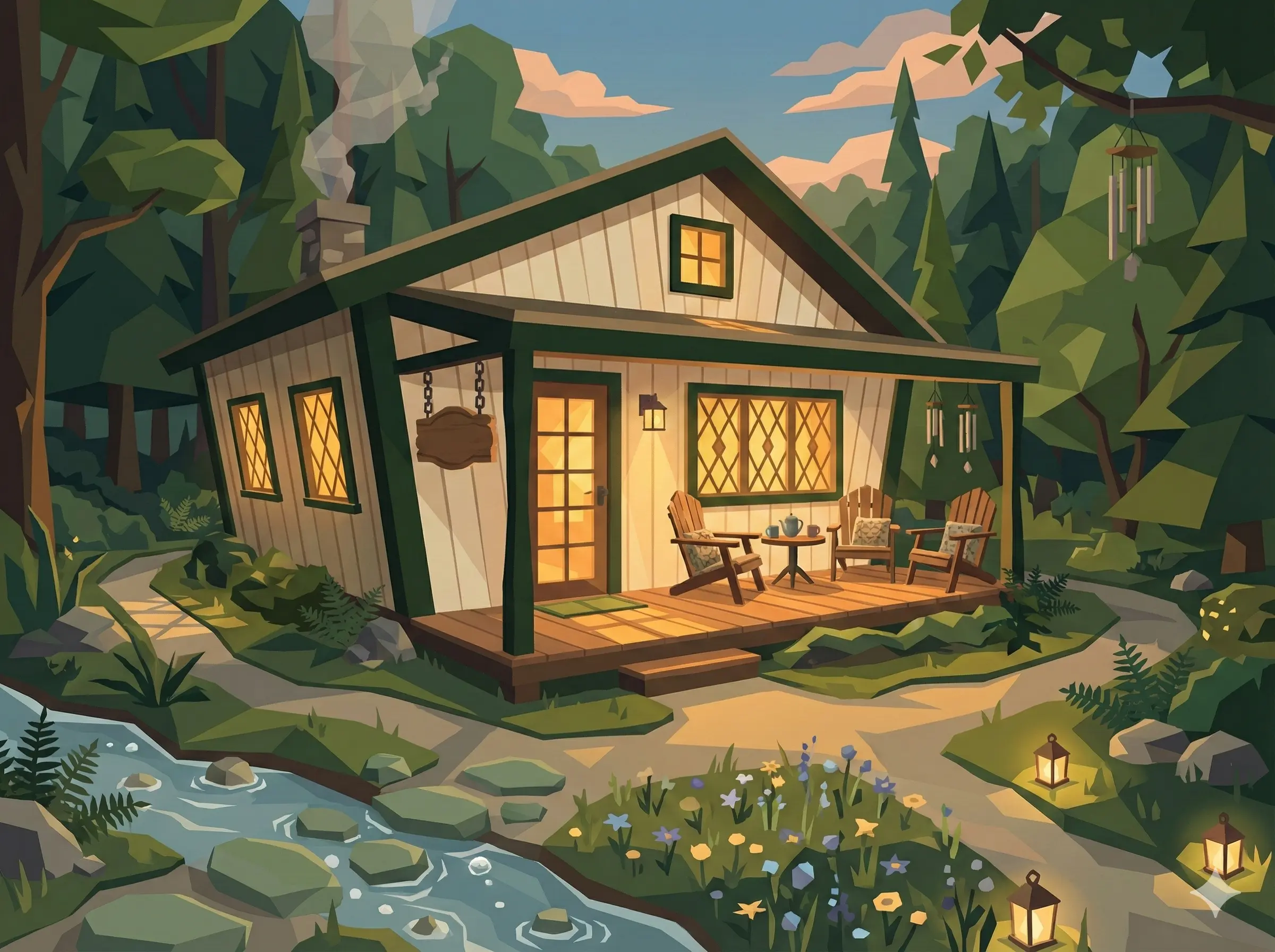 Welcome cabin with converging paths